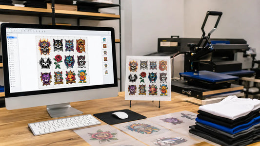 DTF gang sheet builder and print-ready transfer sheet in a professional print shop