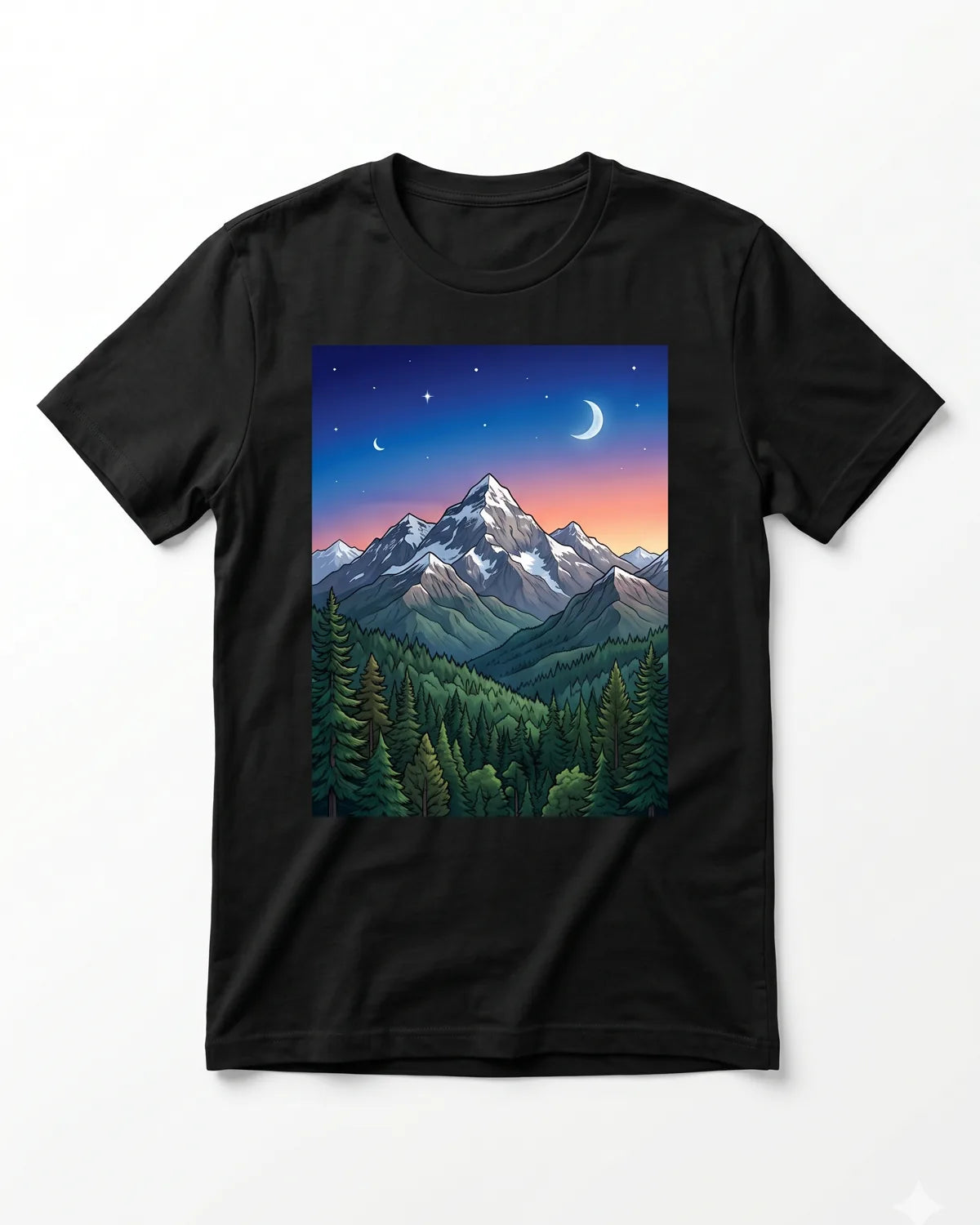 Full-color DTF transfer being heat-pressed onto a black t-shirt